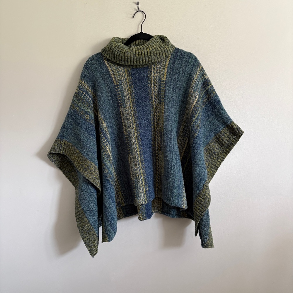 J. Jill High Neck Knit Cape Poncho Wool Blend Green Texture One Size Cottagecore